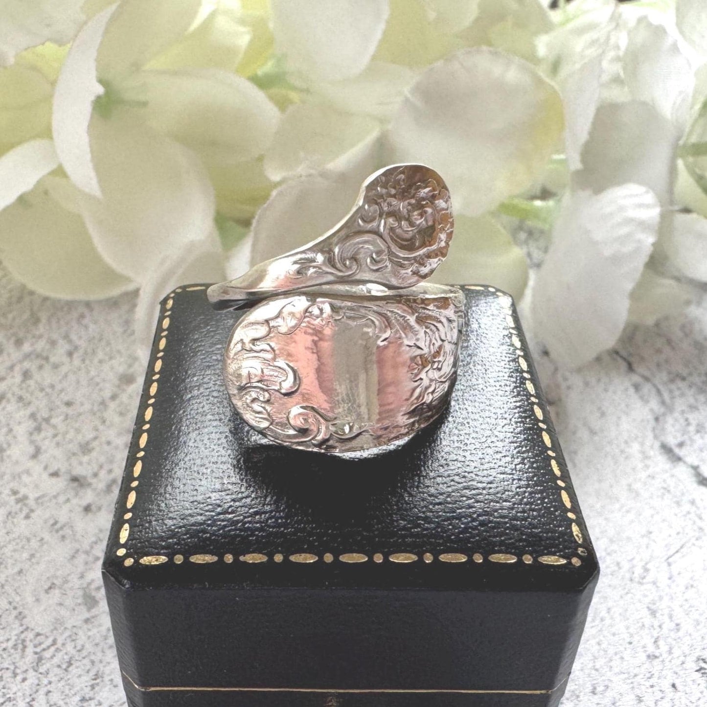 Edwardian 800 Silver Spoon Ring: Adjustable Antique Art Nouveau Floral Wrap Snake Ring