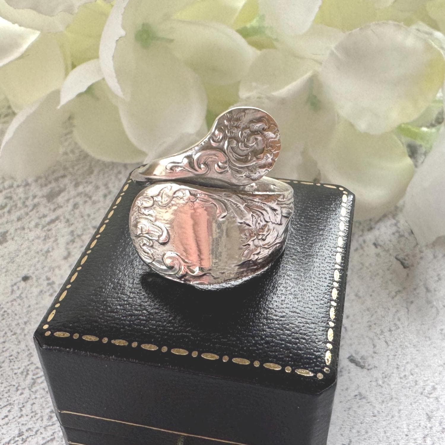 Edwardian 800 Silver Spoon Ring: Adjustable Antique Art Nouveau Floral Wrap Snake Ring