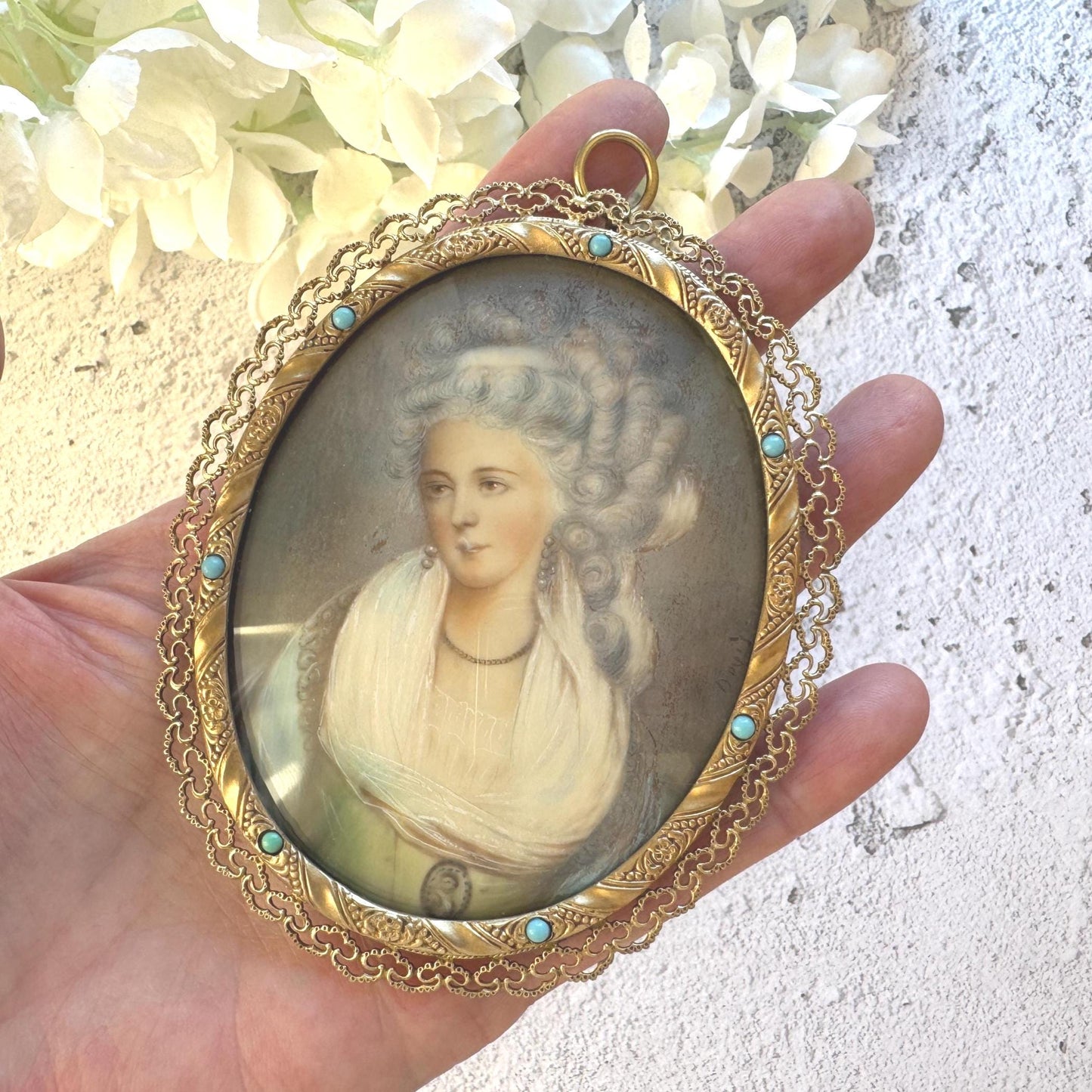 Georgian Signed Portrait Miniature of a Lady, Ormolu Pendant Frame, Cased