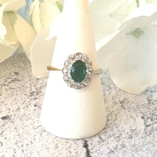 Load image into Gallery viewer, Antique Victorian 9ct Gold Emerald Green &amp; White Paste Diamond Cluster Ring

