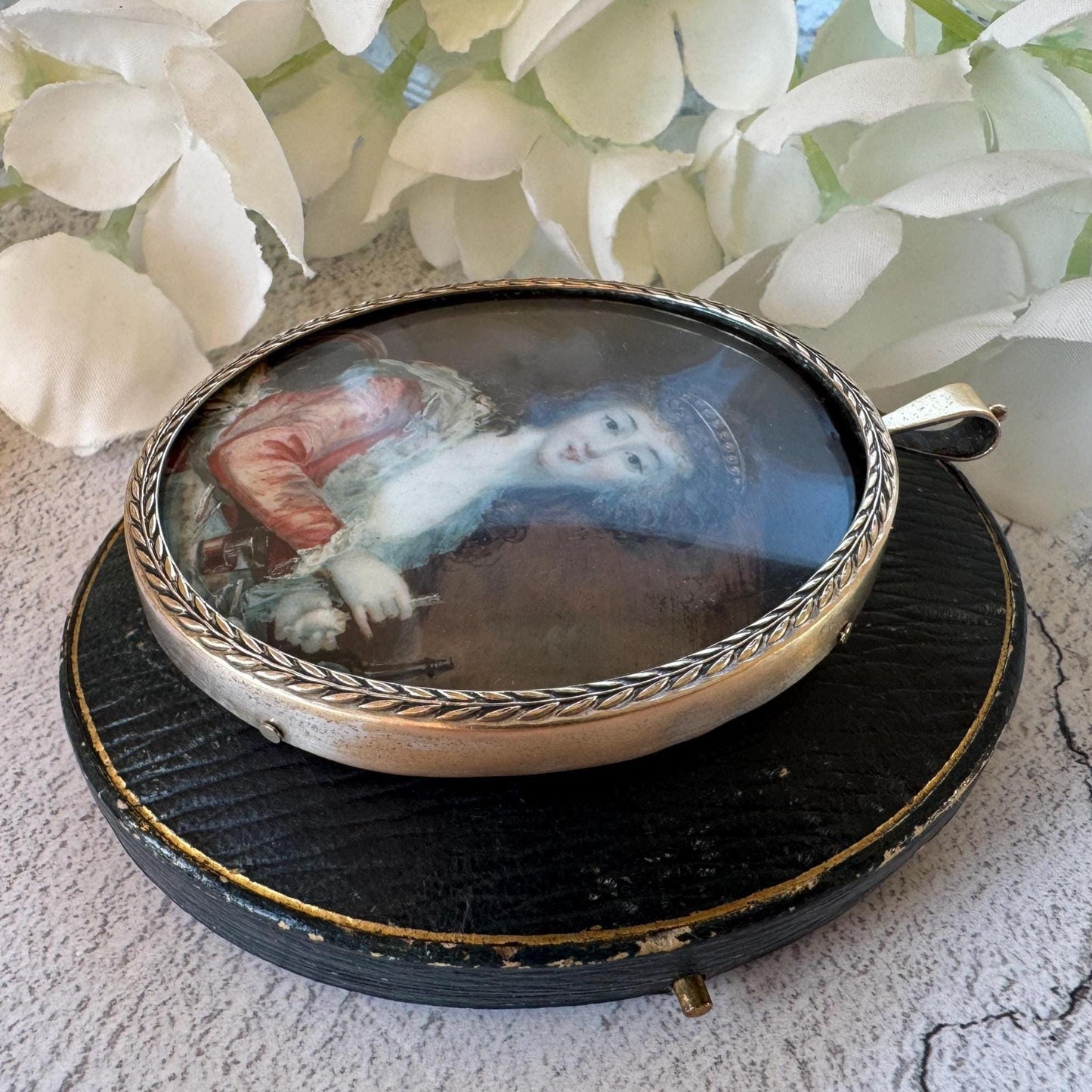 Antique Georgian Portrait Miniature Pendant: 18th Century Portrait Of A Lady Preparing A Drink