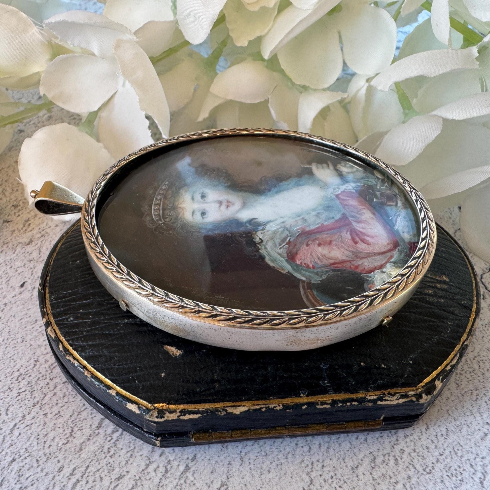 Antique Georgian Portrait Miniature Pendant: 18th Century Portrait Of A Lady Preparing A Drink