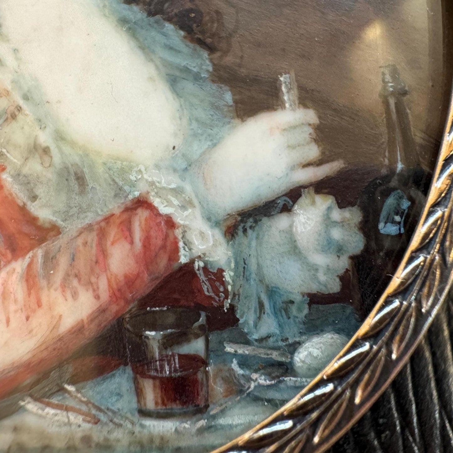 Antique Georgian Portrait Miniature Pendant: 18th Century Portrait Of A Lady Preparing A Drink