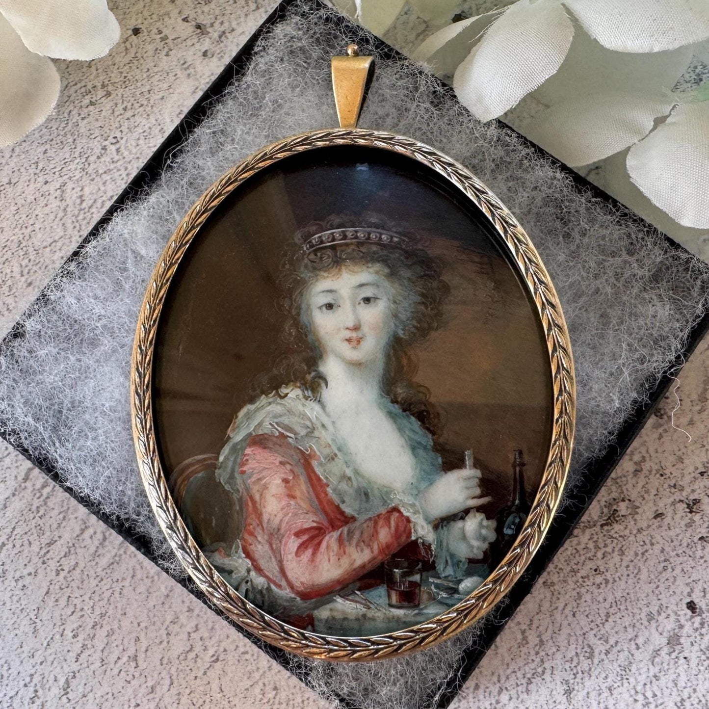 Antique Georgian Portrait Miniature Pendant: 18th Century Portrait Of A Lady Preparing A Drink