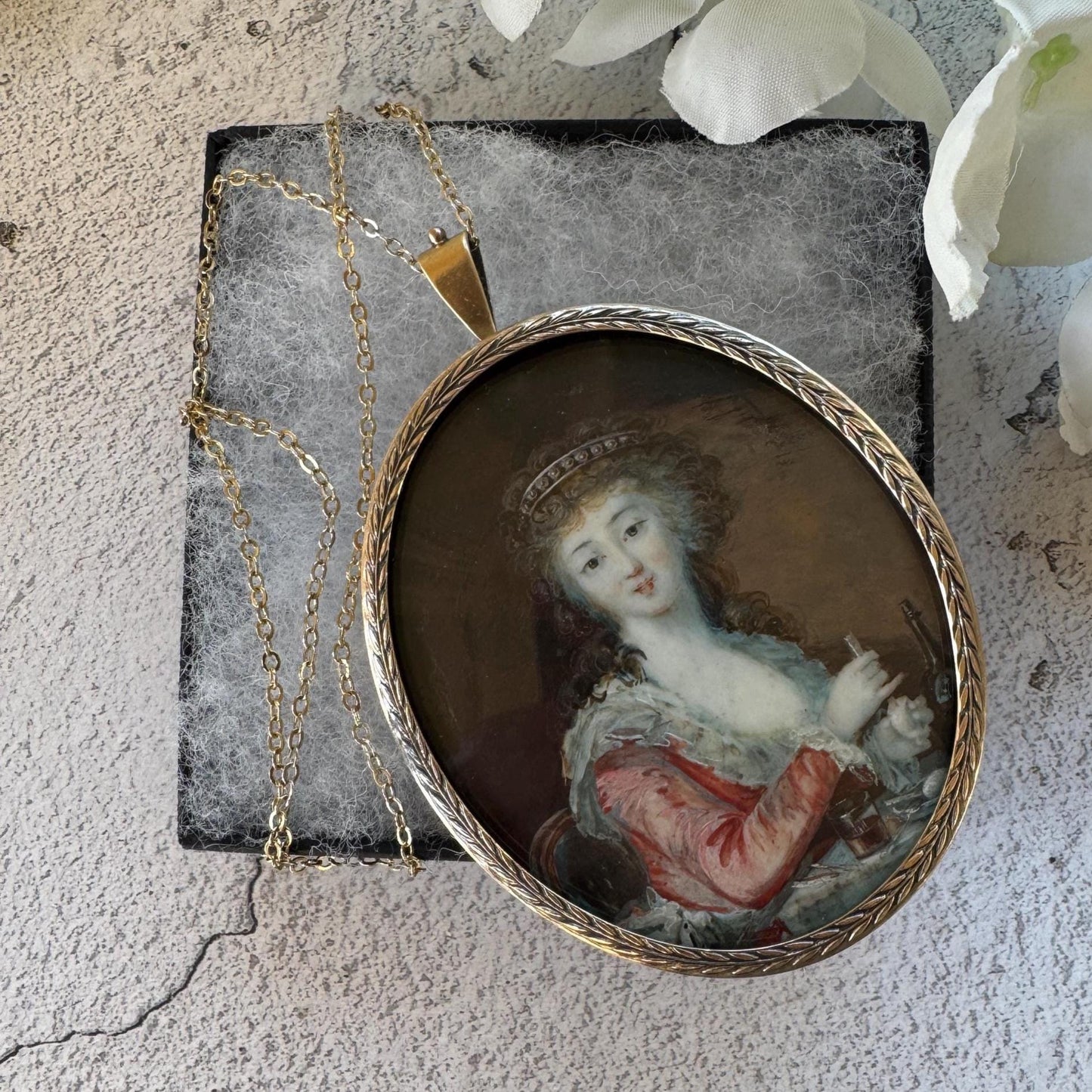 Antique Georgian Portrait Miniature Pendant: 18th Century Portrait Of A Lady Preparing A Drink