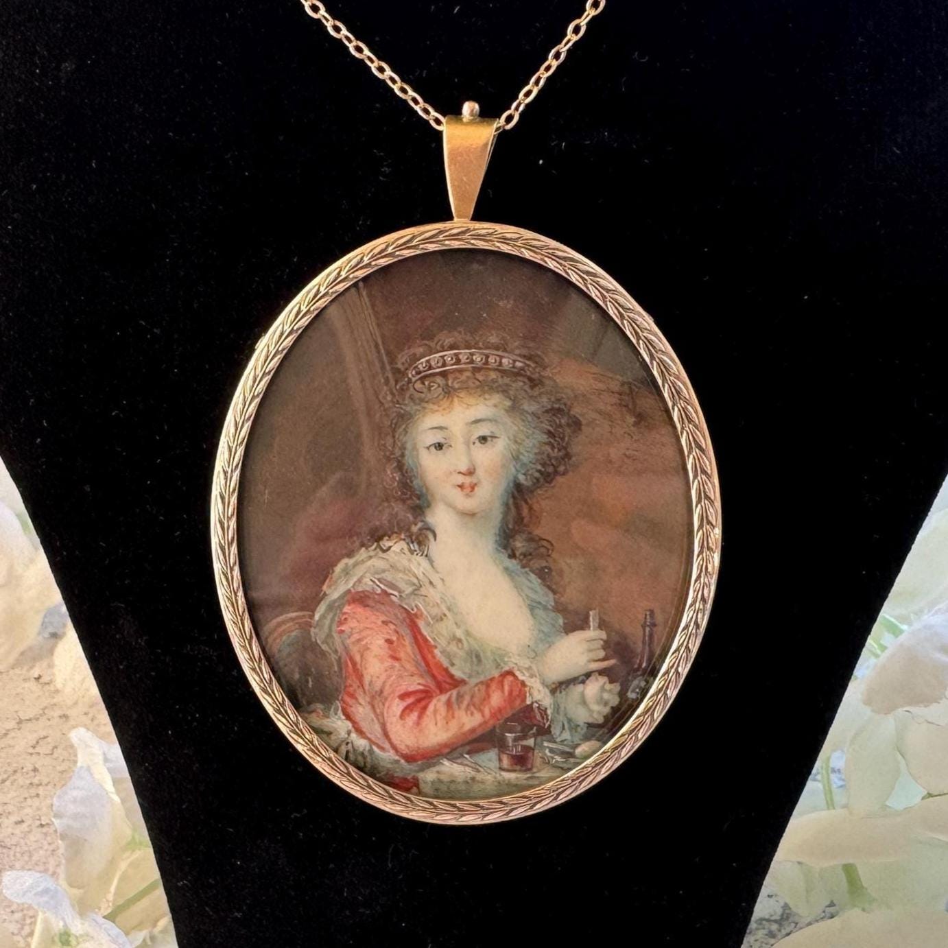 Antique Georgian Portrait Miniature Pendant: 18th Century Portrait Of A Lady Preparing A Drink