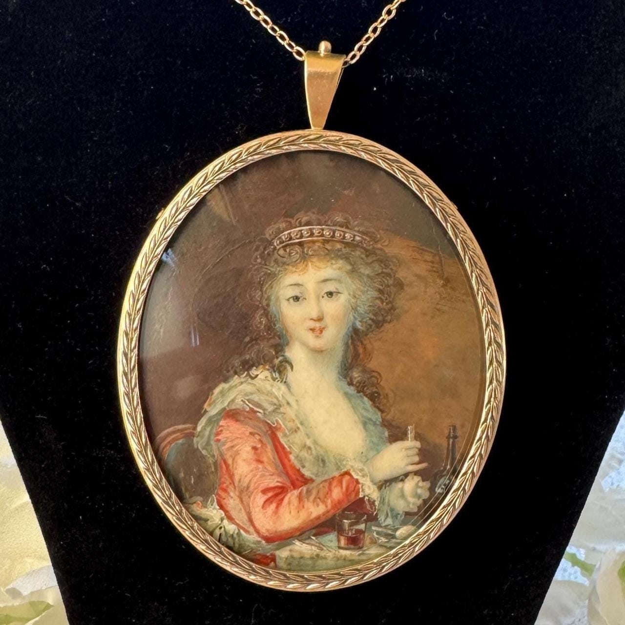 Antique Georgian Portrait Miniature Pendant: 18th Century Portrait Of A Lady Preparing A Drink