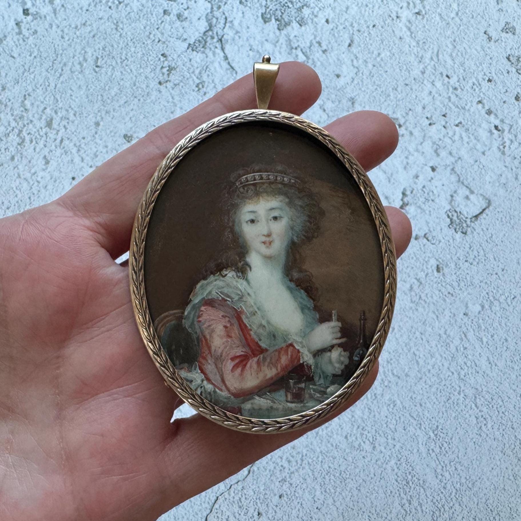 Antique Georgian Portrait Miniature Pendant: 18th Century Portrait Of A Lady Preparing A Drink