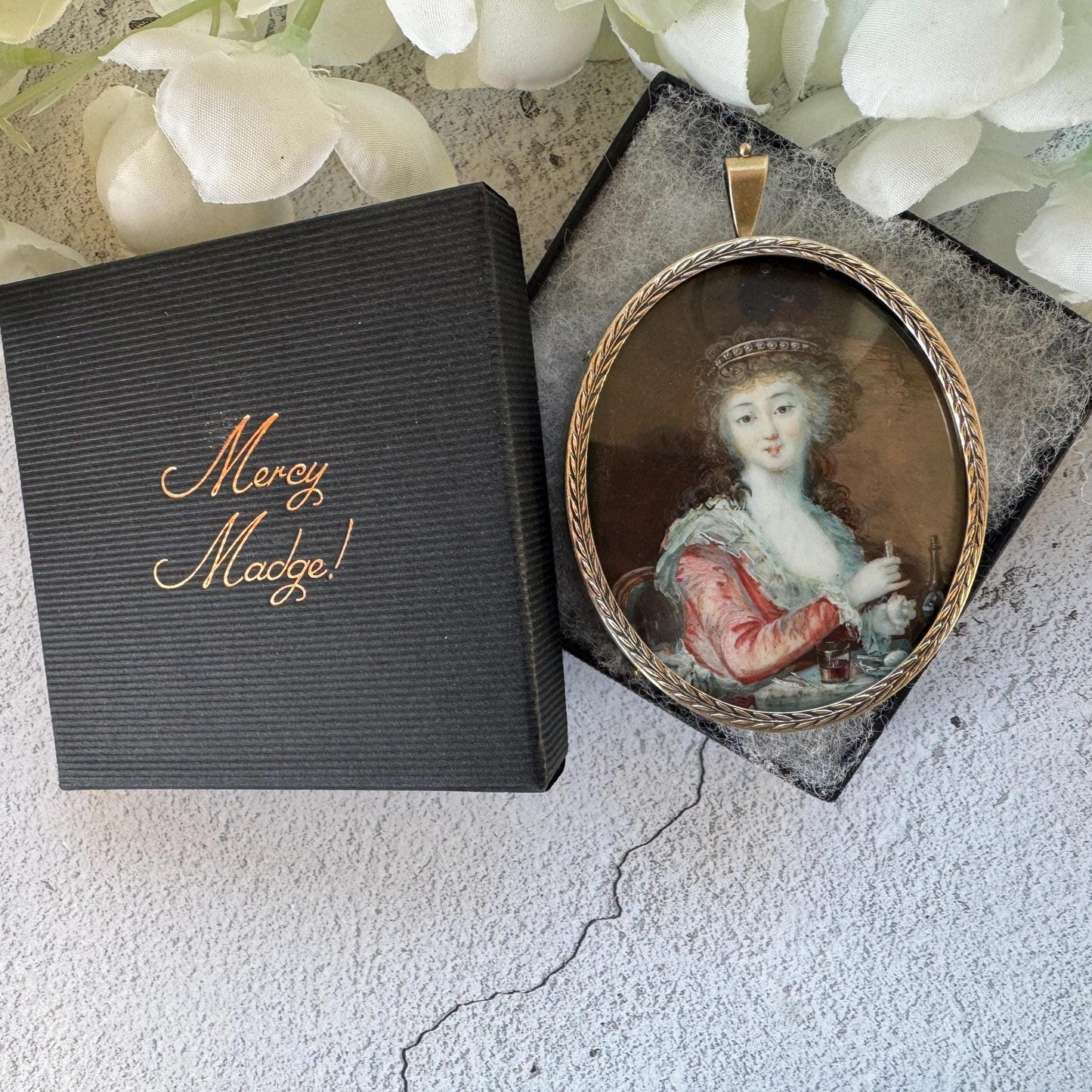 Antique Georgian Portrait Miniature Pendant: 18th Century Portrait Of A Lady Preparing A Drink