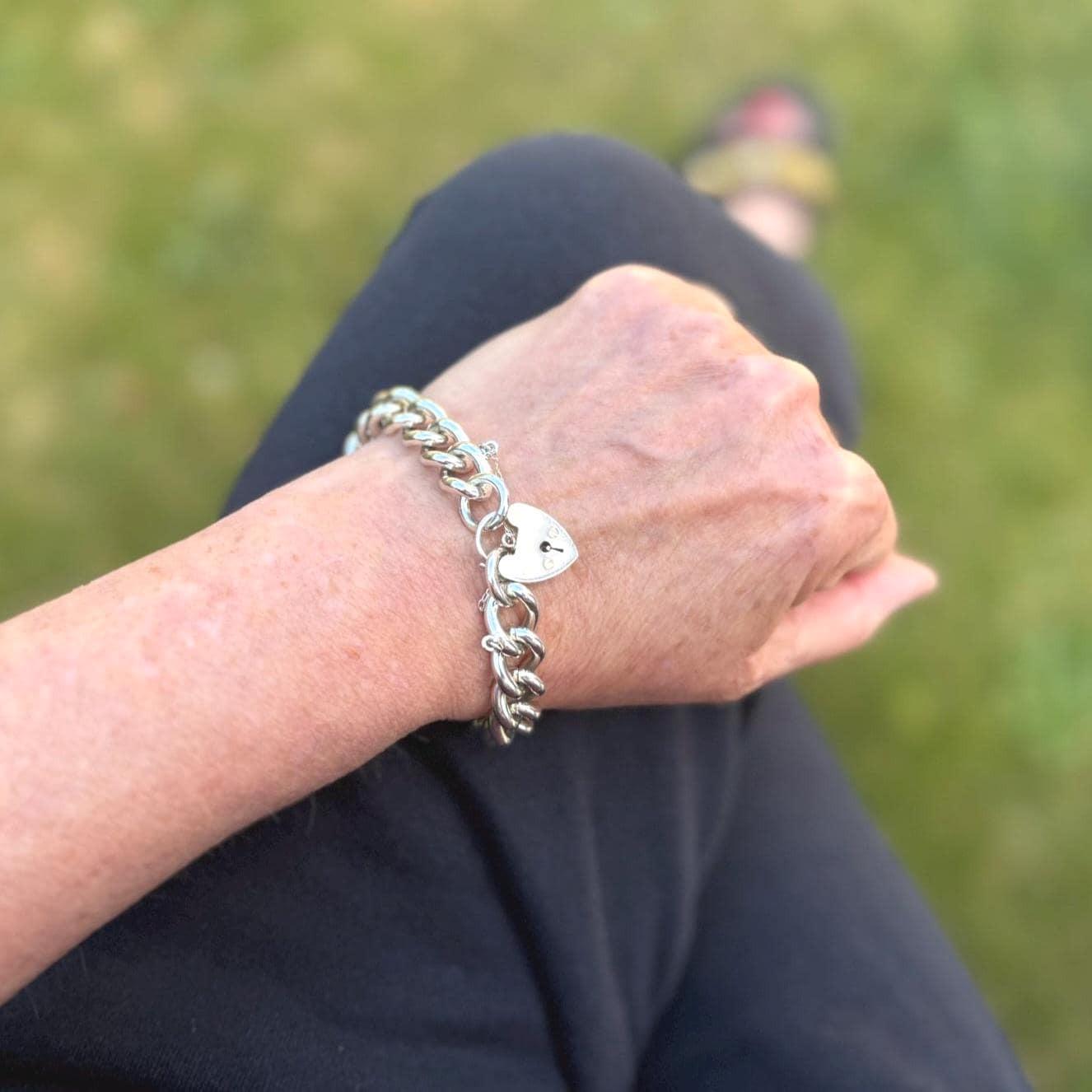 Vintage Chunky Sterling Silver Chain Bracelet & Love Heart Padlock Clasp, Dated 1977