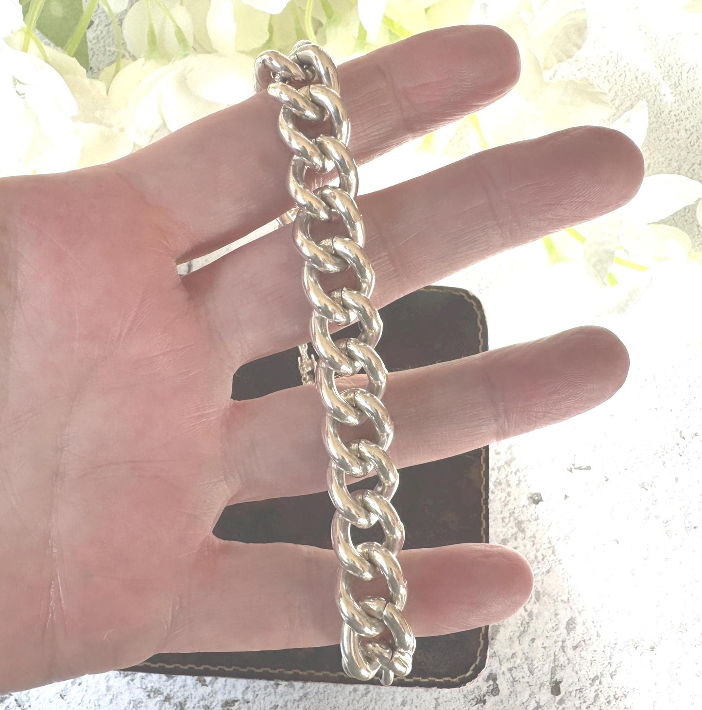 Vintage Chunky Sterling Silver Chain Bracelet & Love Heart Padlock Clasp, Dated 1977