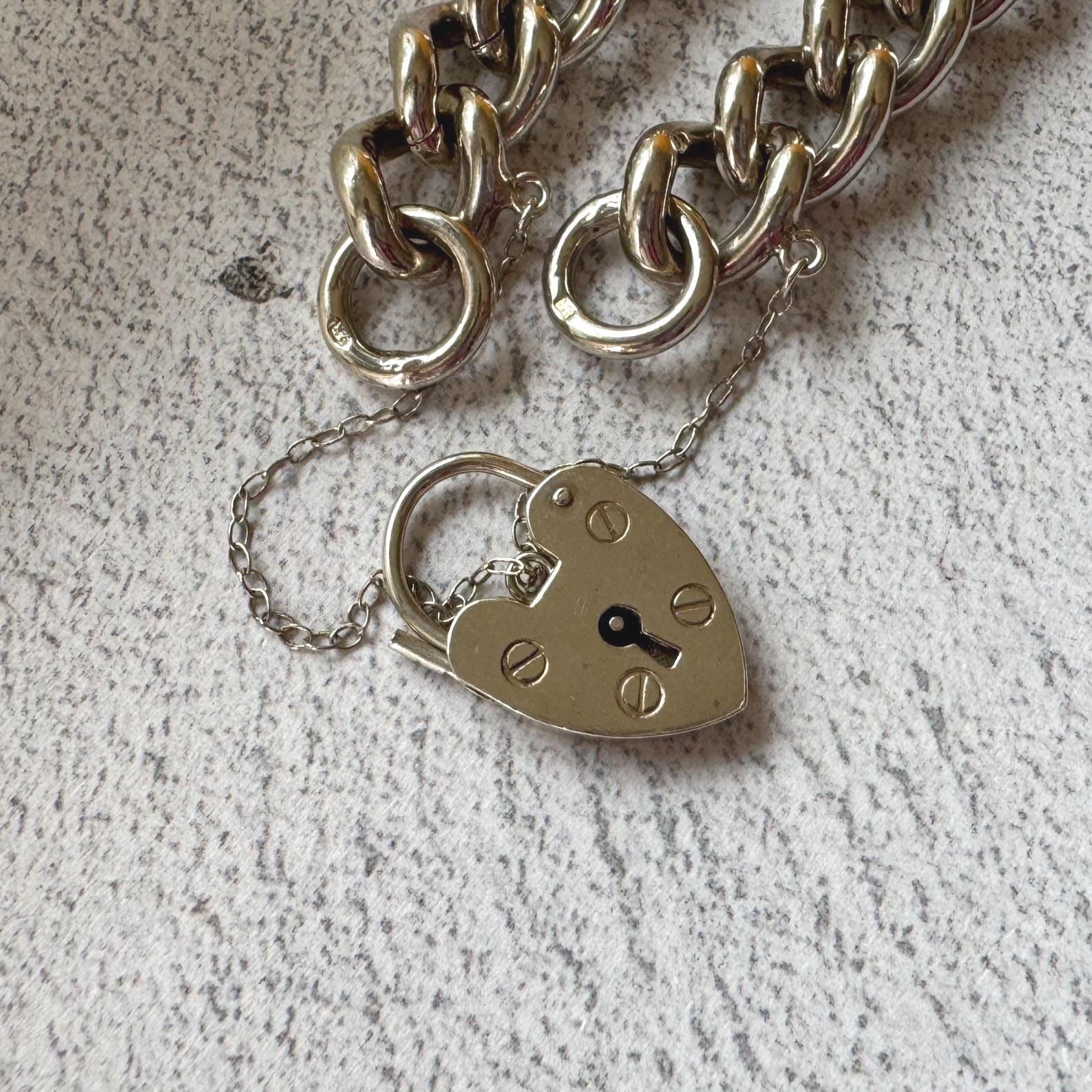 Vintage Chunky Sterling Silver Chain Bracelet & Love Heart Padlock Clasp, Dated 1977