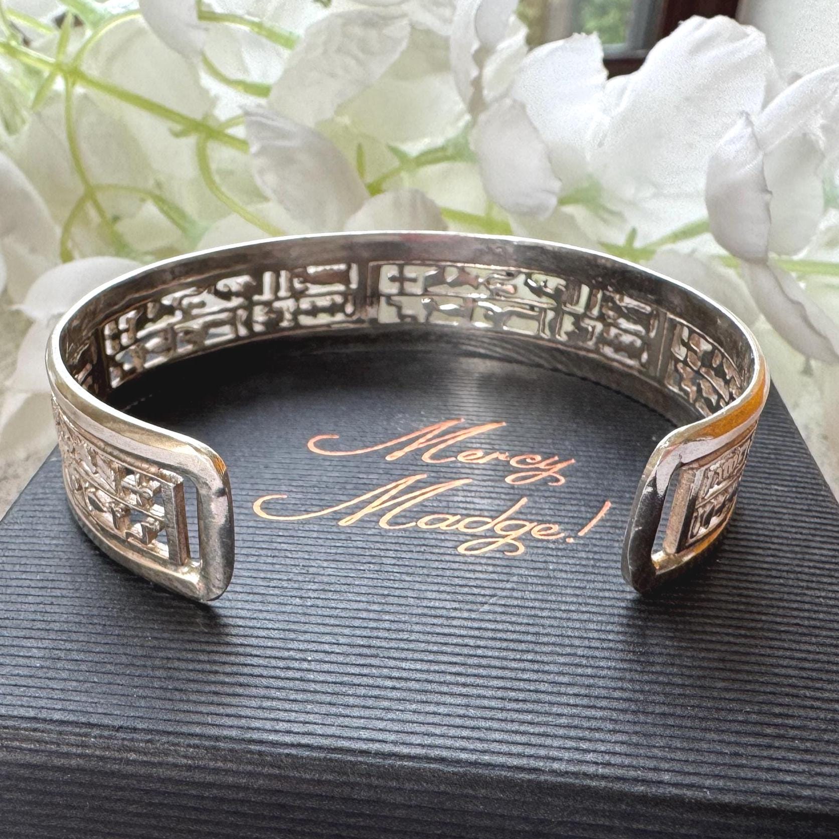 Vintage Sterling Silver Egyptian Hieroglyphic Bangle