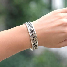 Load image into Gallery viewer, Vintage Sterling Silver Egyptian Hieroglyphic Amulet Bangle: 1970s Talisman Jewellery
