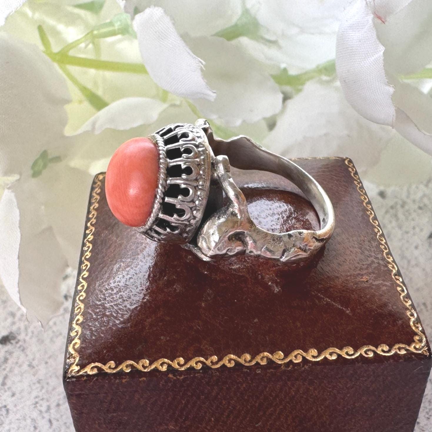 Rare Antique Austro Hungarian Silver & Coral Putti Ring: Hallmarked Budapest c1900