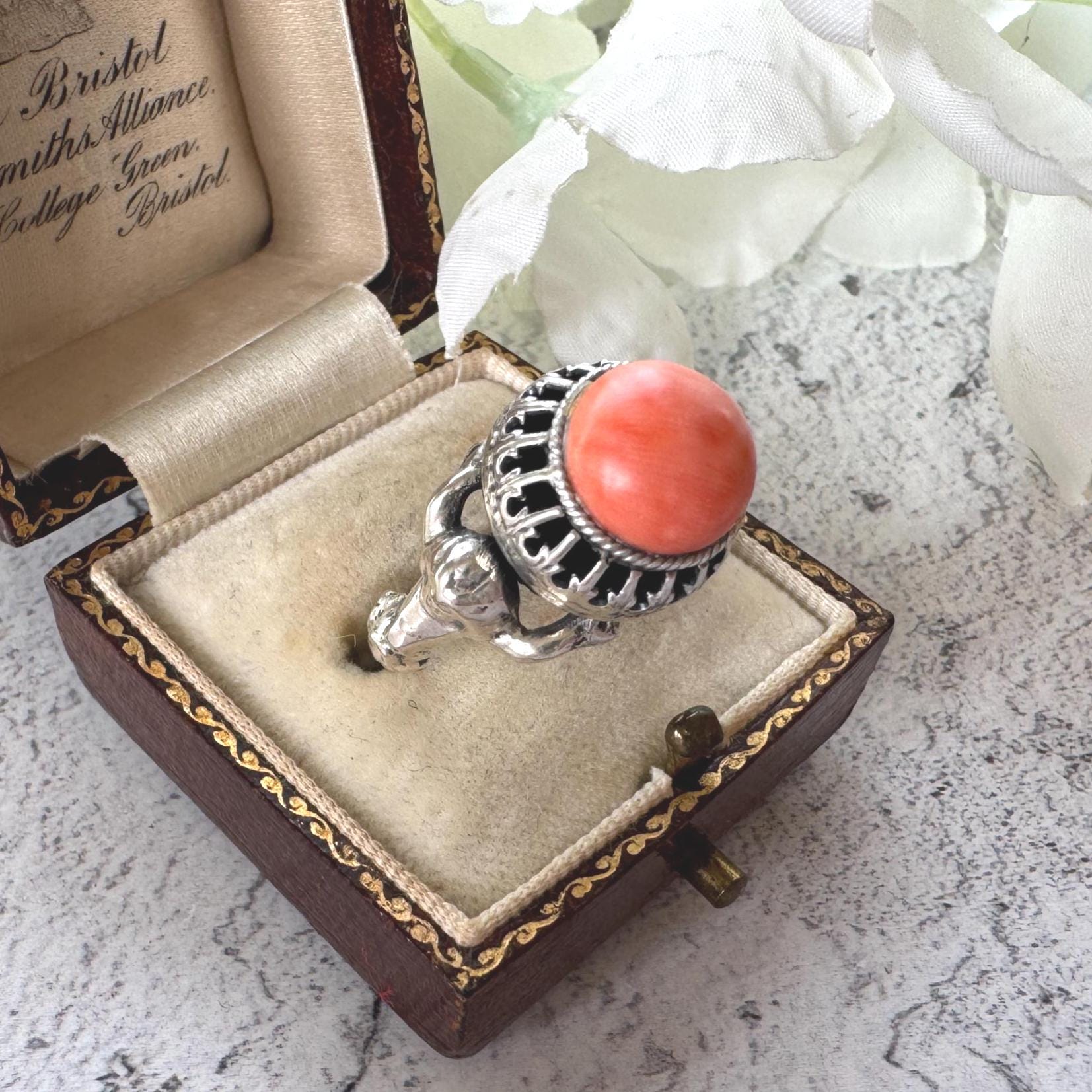 Rare Antique Austro Hungarian Silver & Coral Putti Ring: Hallmarked Budapest c1900