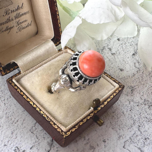 Rare Antique Austro Hungarian Silver & Coral Putti Ring: Hallmarked Budapest c1900