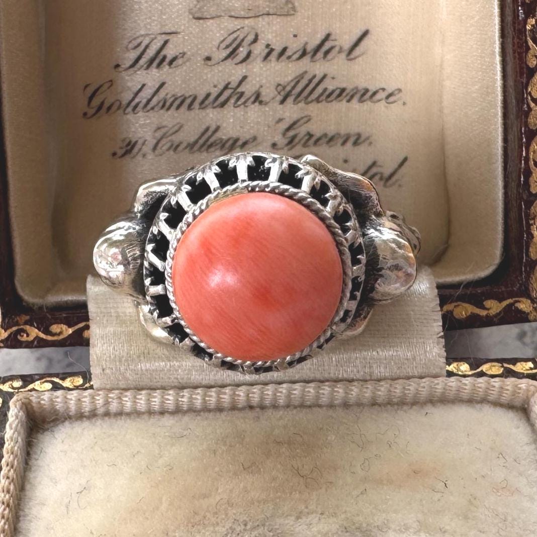 Rare Antique Austro Hungarian Silver & Coral Putti Ring: Hallmarked Budapest c1900