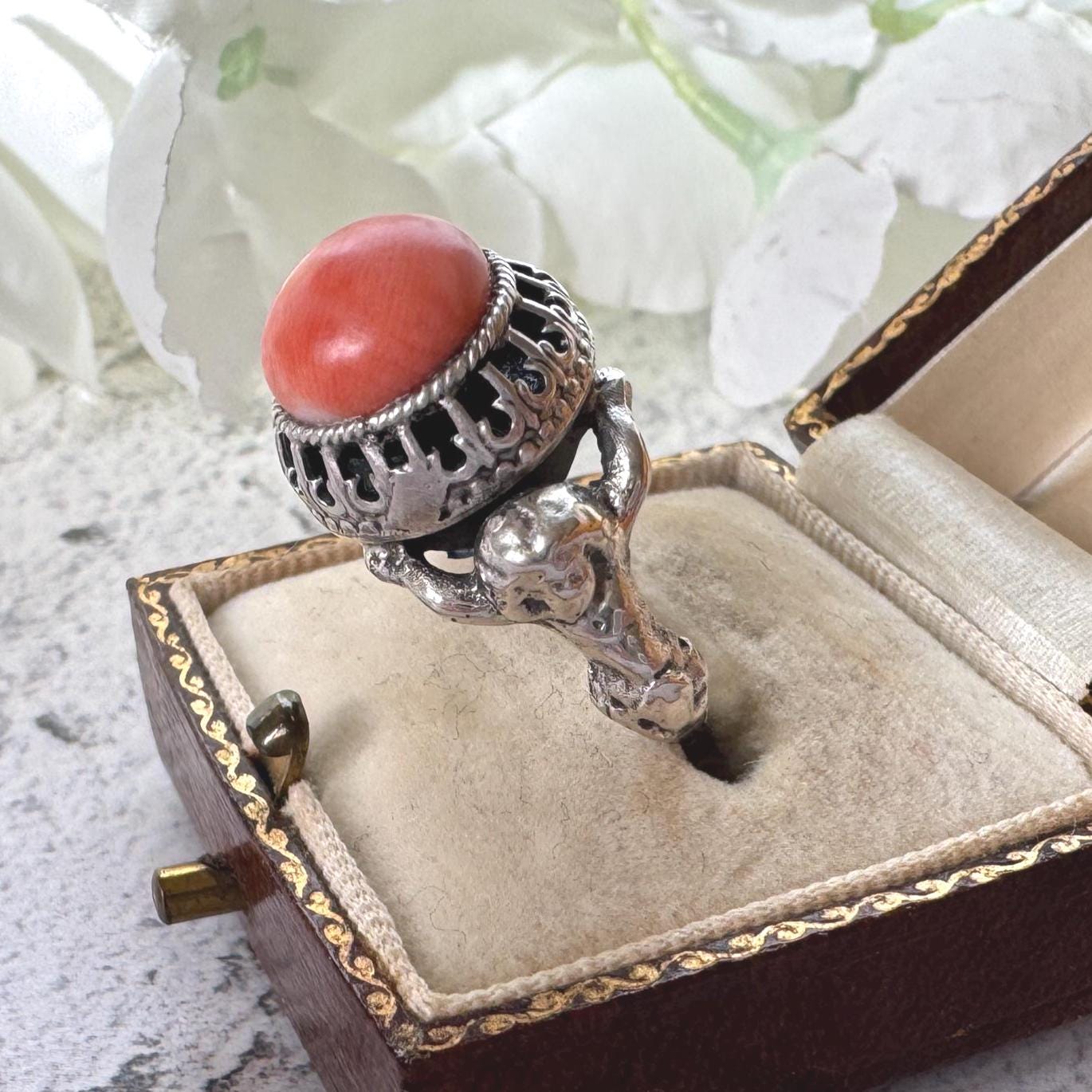 Rare Antique Austro Hungarian Silver & Coral Putti Ring: Hallmarked Budapest c1900