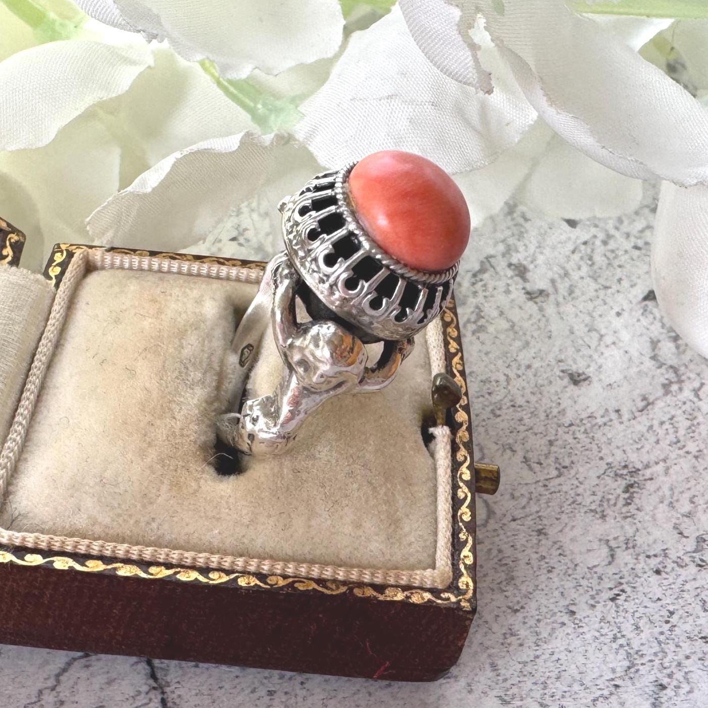 Rare Antique Austro Hungarian Silver & Coral Putti Ring: Hallmarked Budapest c1900