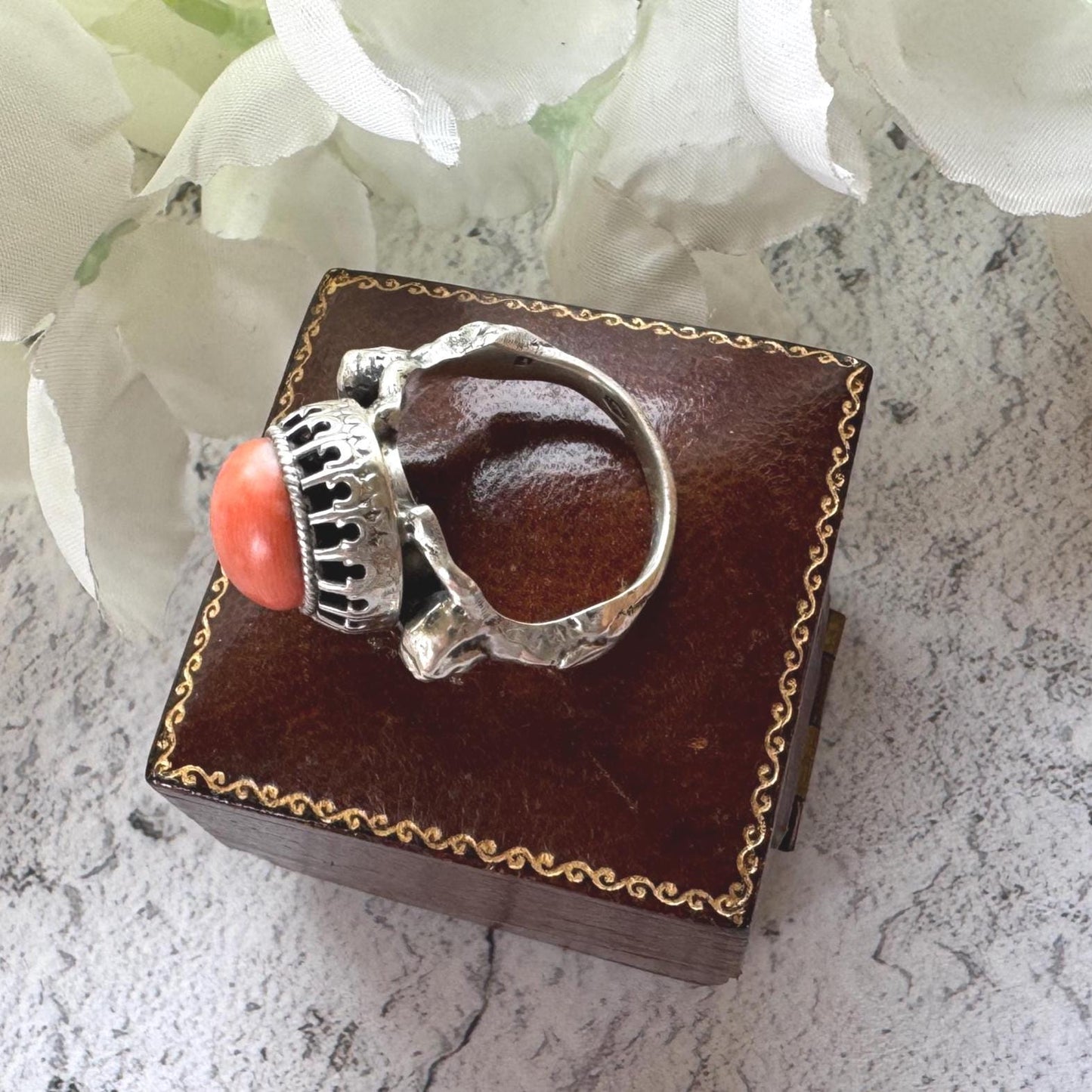 Rare Antique Austro Hungarian Silver & Coral Putti Ring: Hallmarked Budapest c1900