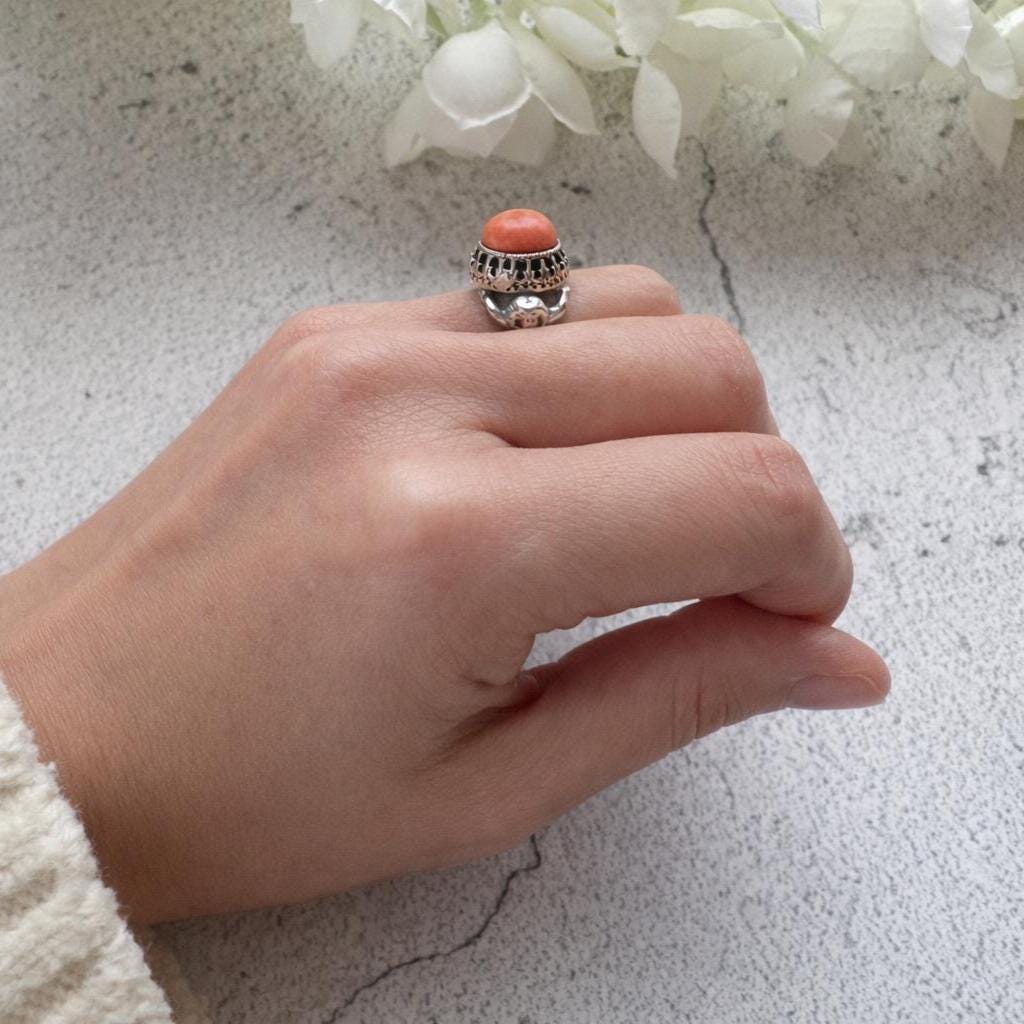 Rare Antique Austro Hungarian Silver & Coral Putti Ring: Hallmarked Budapest c1900