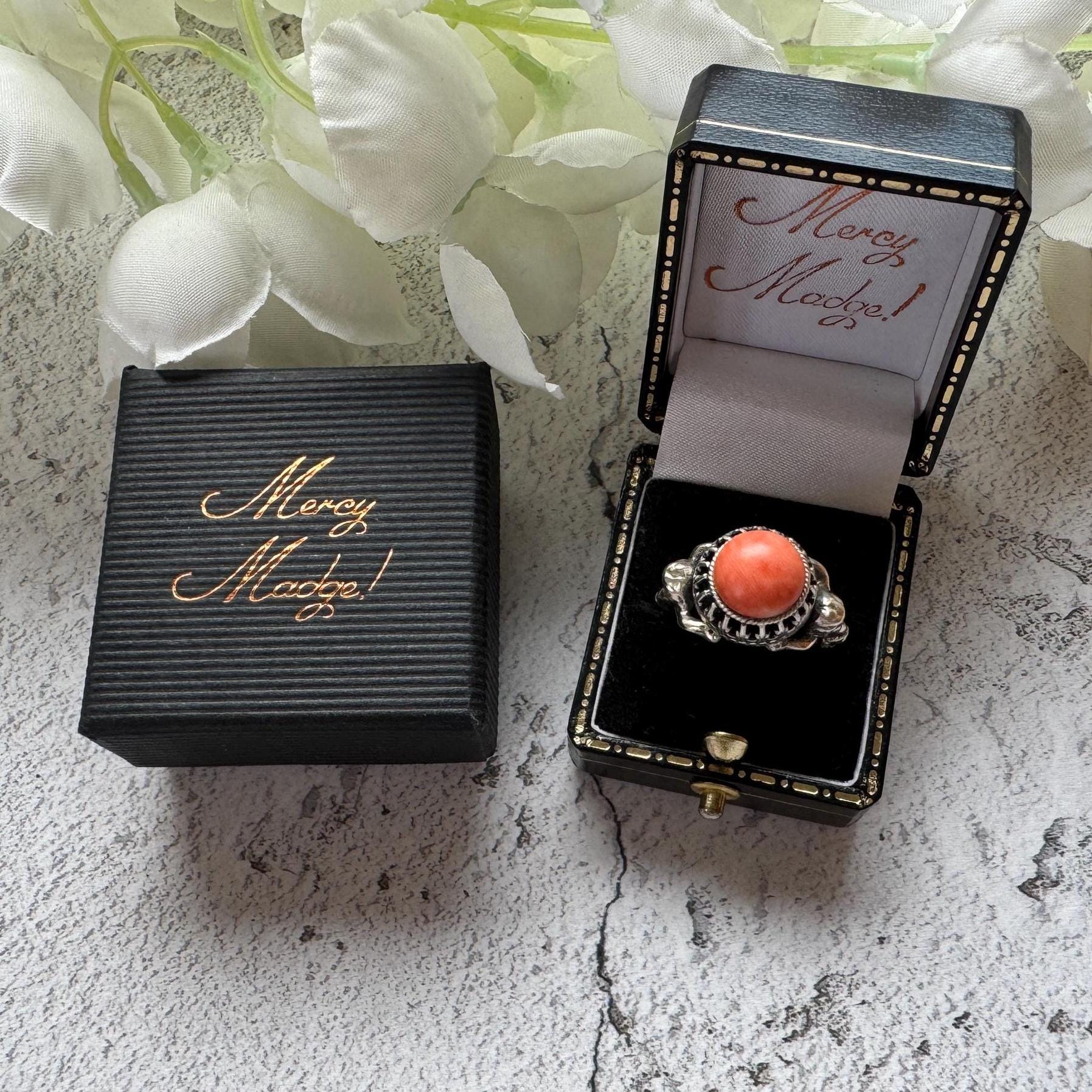 Rare Antique Austro Hungarian Silver & Coral Putti Ring: Hallmarked Budapest c1900