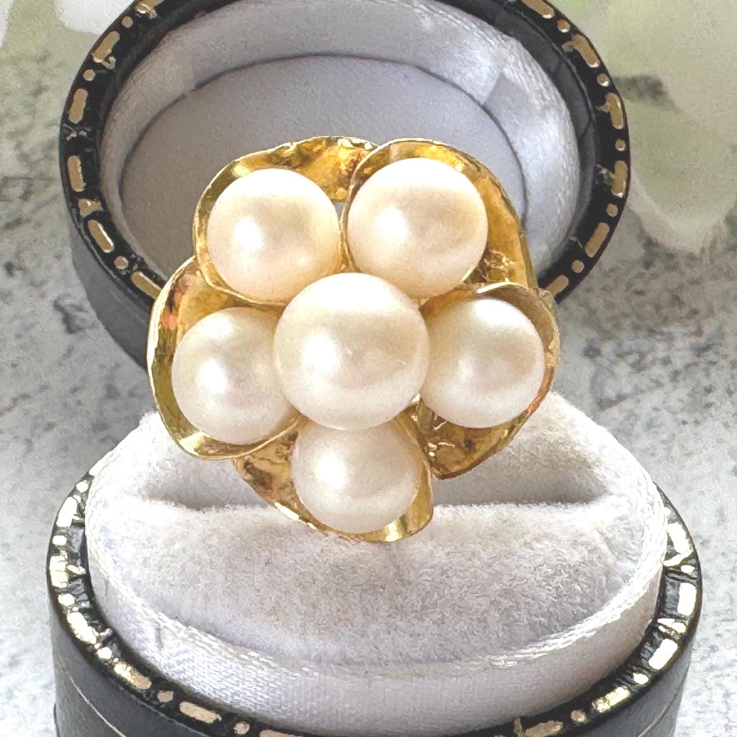 1970s 14ct Gold Pearl Cluster Ring: Mid-Century High Dome Flower Design (Boxed)