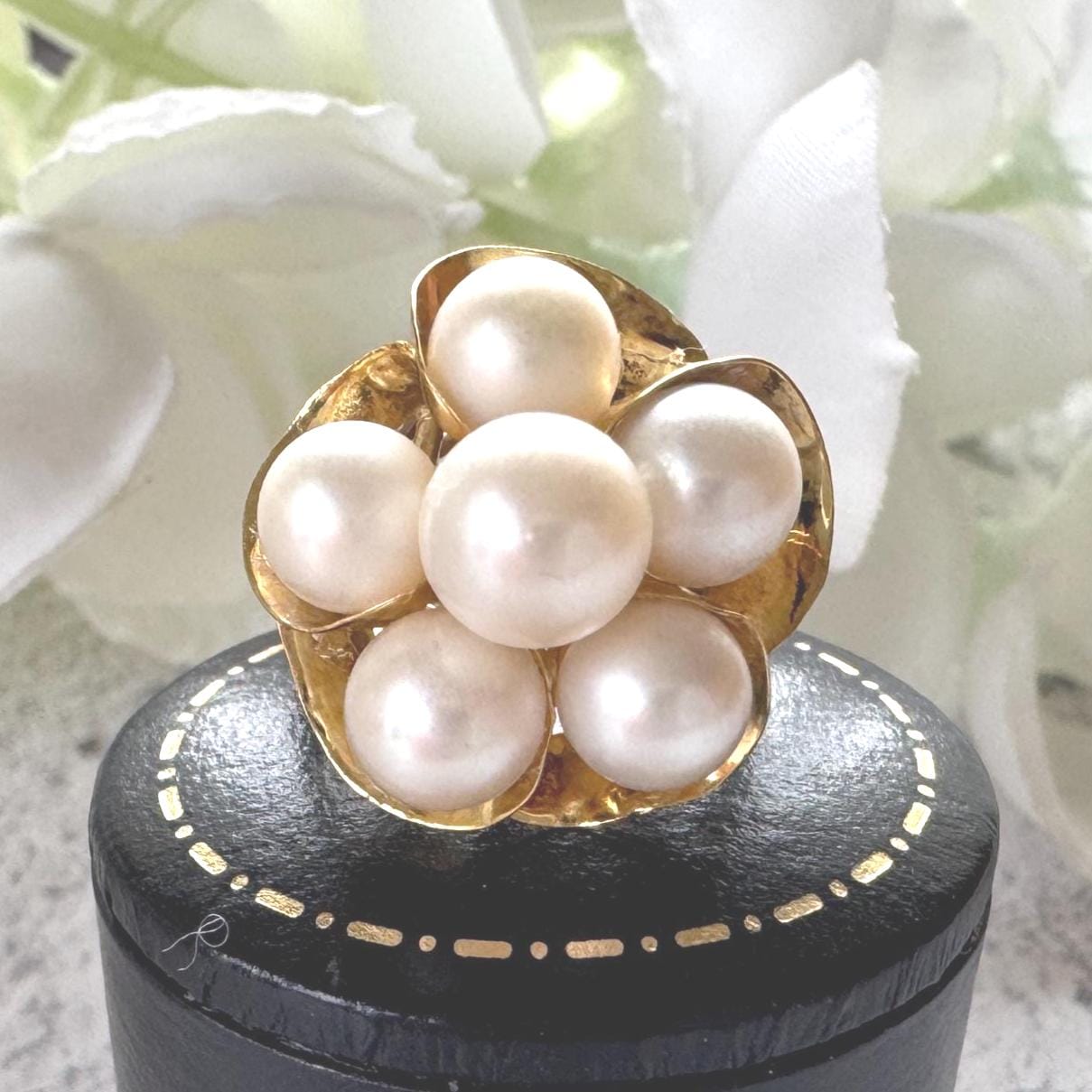 1970s 14ct Gold Pearl Cluster Ring: Mid-Century High Dome Flower Design (Boxed)