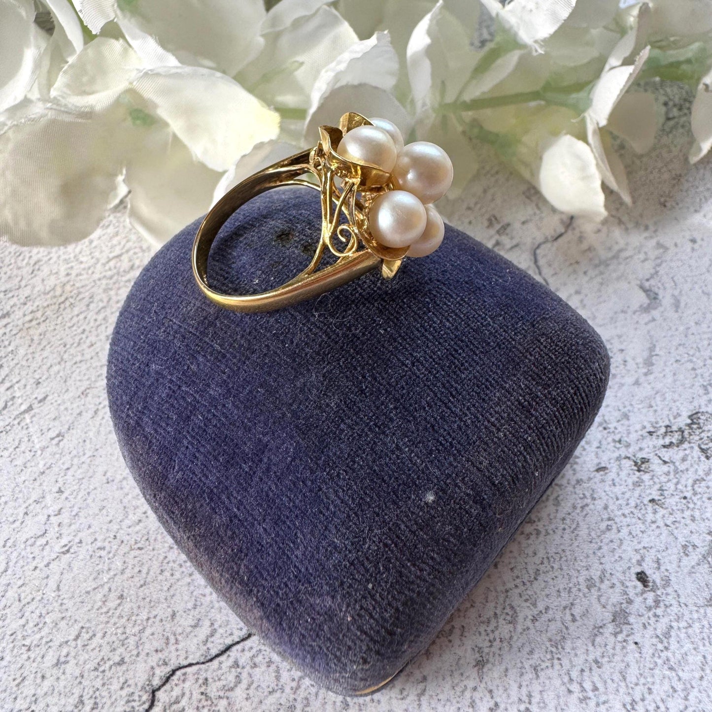 1970s 14ct Gold Pearl Cluster Ring: Mid-Century High Dome Flower Design (Boxed)