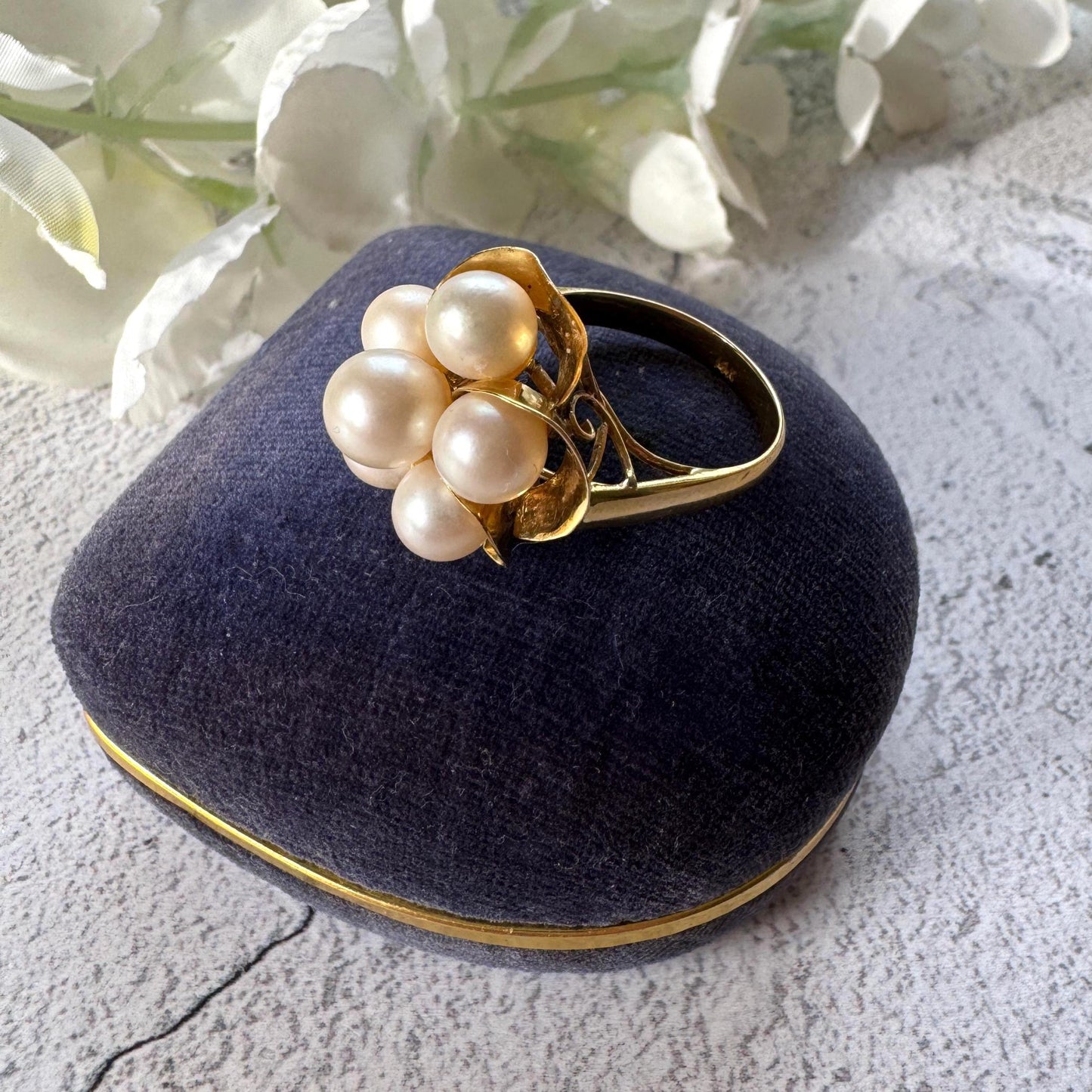 1970s 14ct Gold Pearl Cluster Ring: Mid-Century High Dome Flower Design (Boxed)