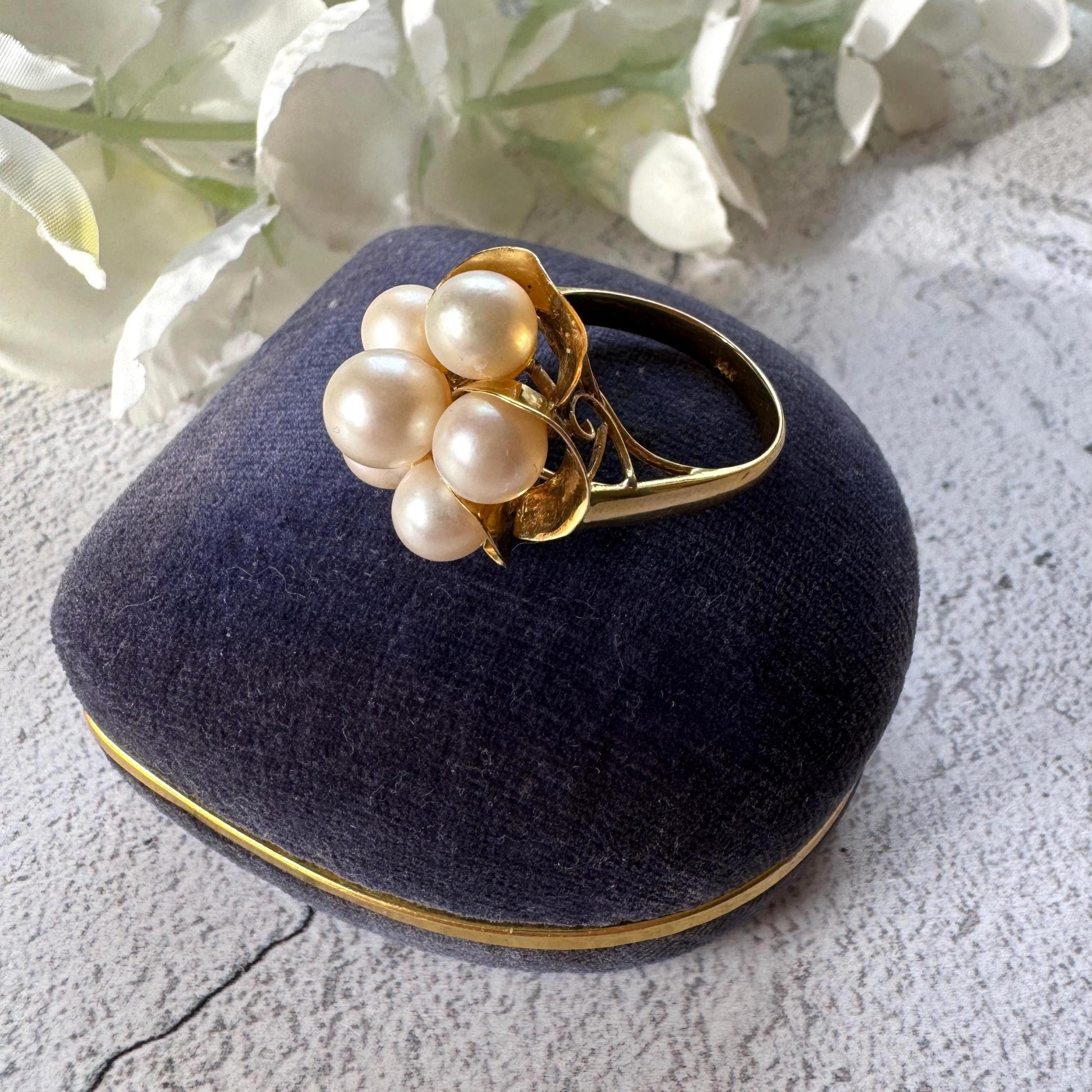 1970s 14ct Gold Pearl Cluster Ring: Mid-Century High Dome Flower Design (Boxed)