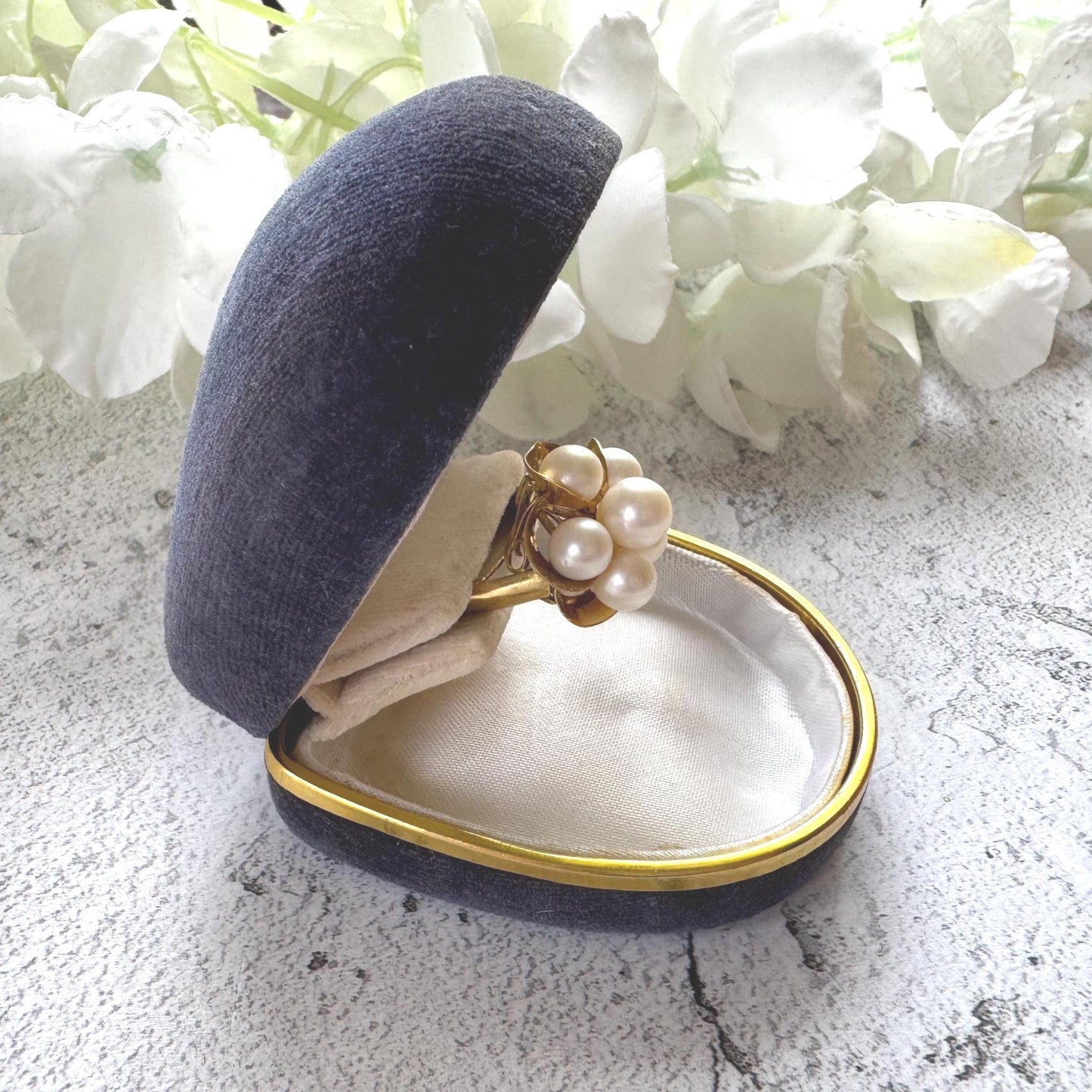 1970s 14ct Gold Pearl Cluster Ring: Mid-Century High Dome Flower Design (Boxed)