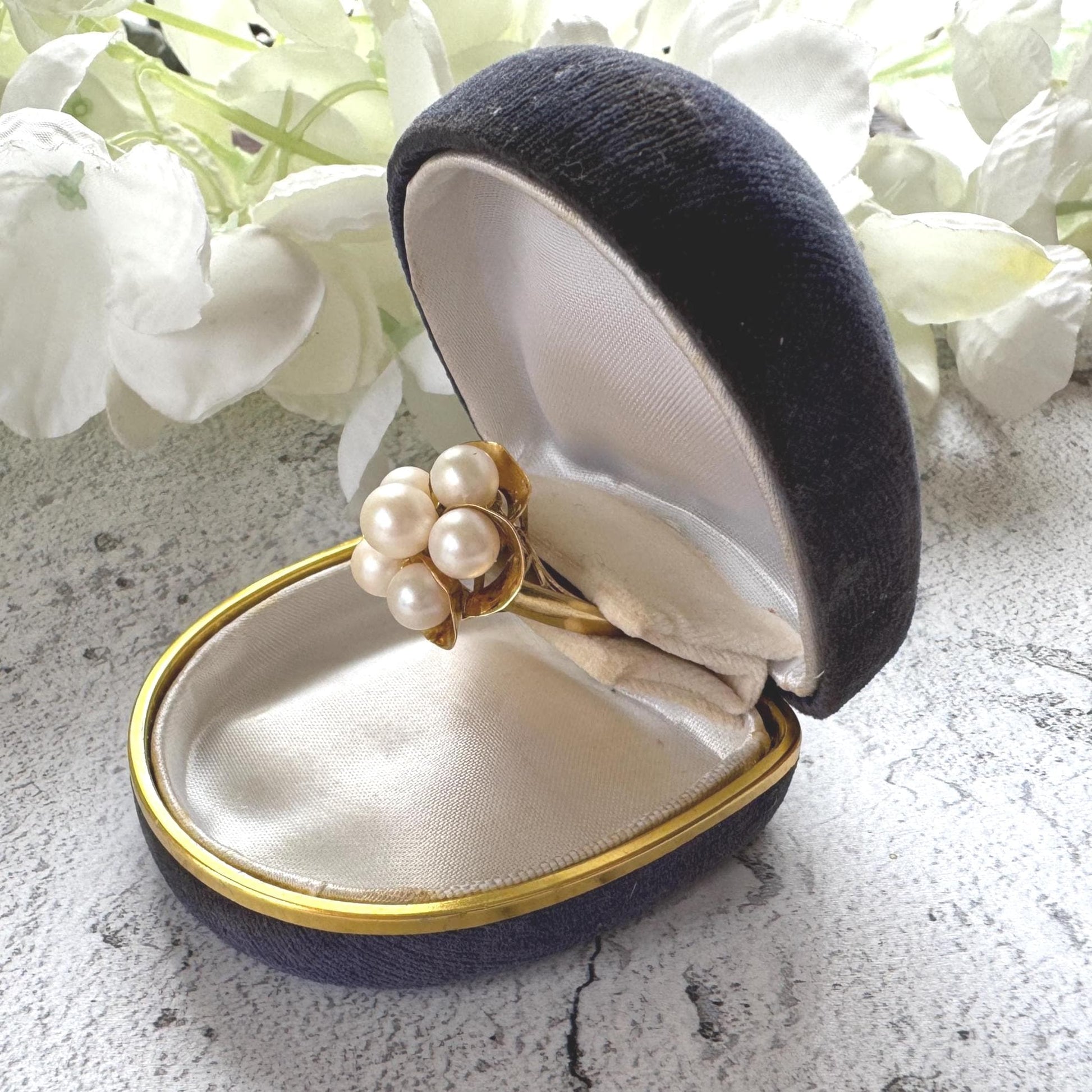 1970s 14ct Gold Pearl Cluster Ring: Mid-Century High Dome Flower Design (Boxed)