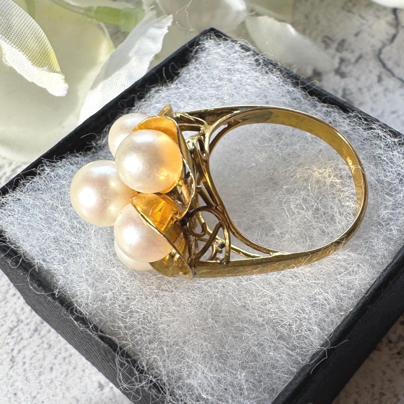 1970s 14ct Gold Pearl Cluster Ring: Mid-Century High Dome Flower Design (Boxed)