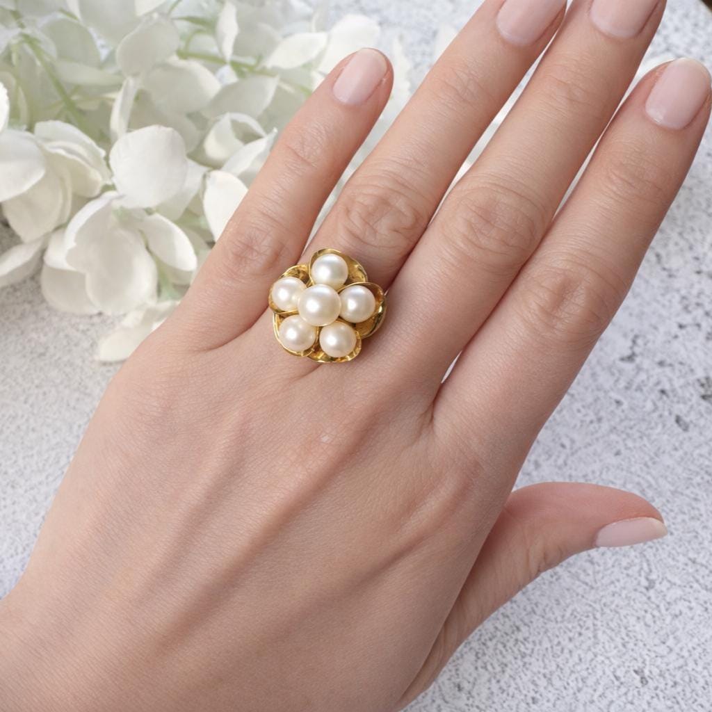 1970s 14ct Gold Pearl Cluster Ring: Mid-Century High Dome Flower Design (Boxed)