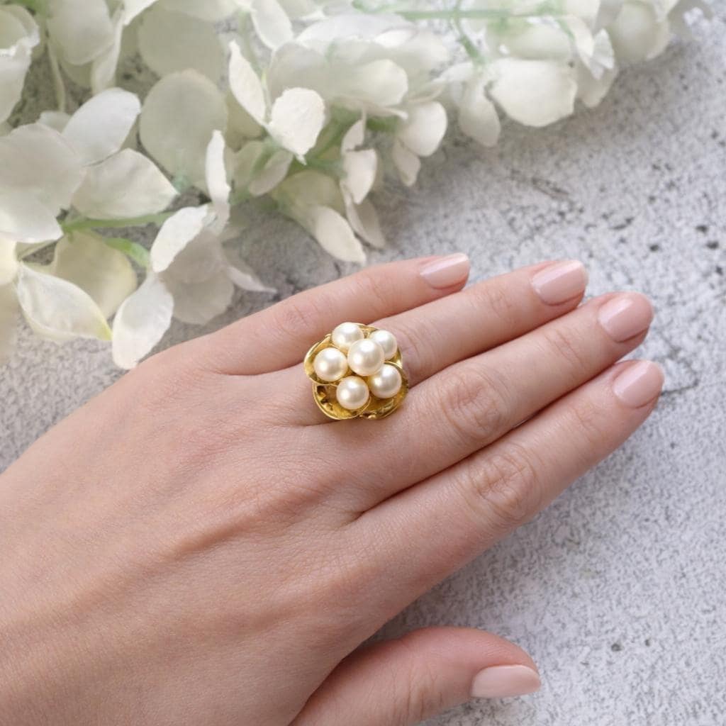 1970s 14ct Gold Pearl Cluster Ring: Mid-Century High Dome Flower Design (Boxed)