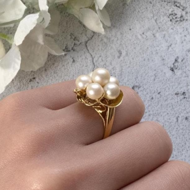 1970s 14ct Gold Pearl Cluster Ring: Mid-Century High Dome Flower Design (Boxed)