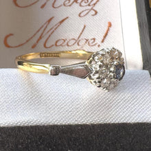 Load image into Gallery viewer, Antique 1920s Sapphire Diamond Cluster Ring: 18ct Gold &amp; Platinum Edwardian/Art Deco Engagement Ring
