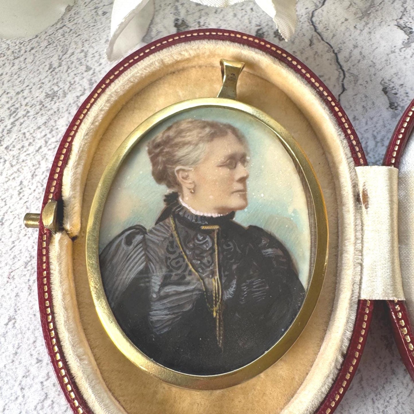 Antique Rolled Gold Portrait Miniature Pendant: Hand-Painted Victorian Lady In Mourning Dress
