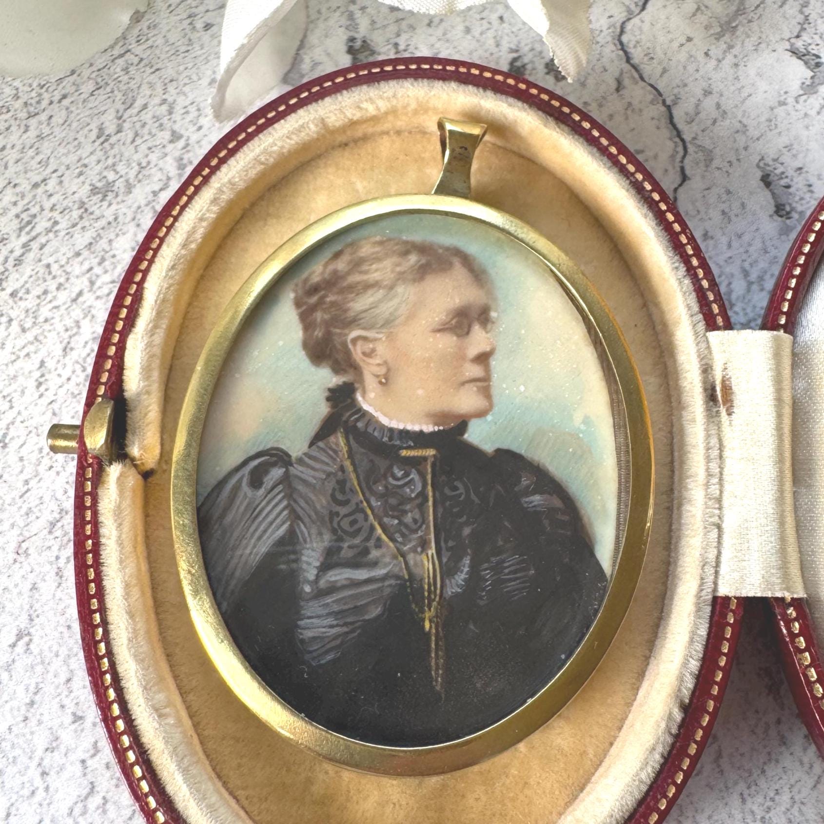 Antique Rolled Gold Portrait Miniature Pendant: Hand-Painted Victorian Lady In Mourning Dress