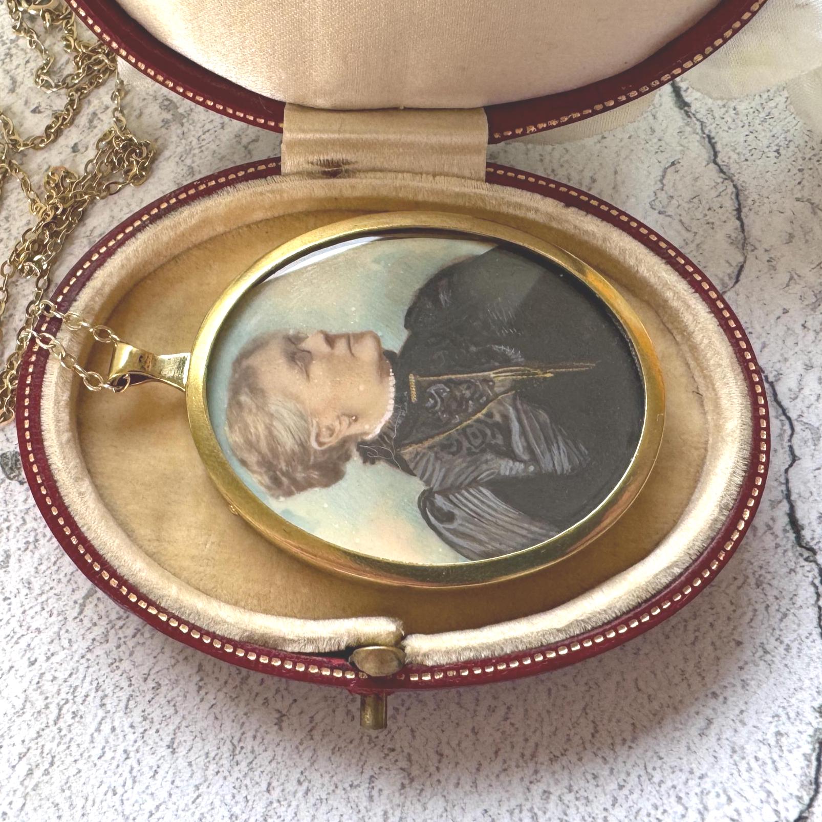 Antique Rolled Gold Portrait Miniature Pendant: Hand-Painted Victorian Lady In Mourning Dress
