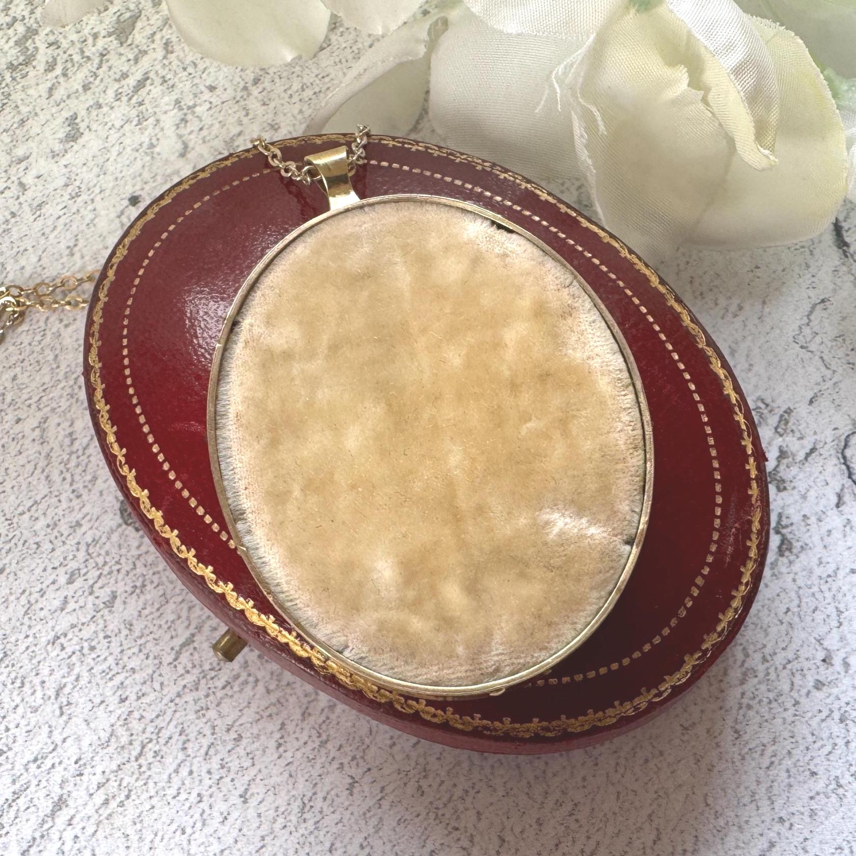 Antique Rolled Gold Portrait Miniature Pendant: Hand-Painted Victorian Lady In Mourning Dress