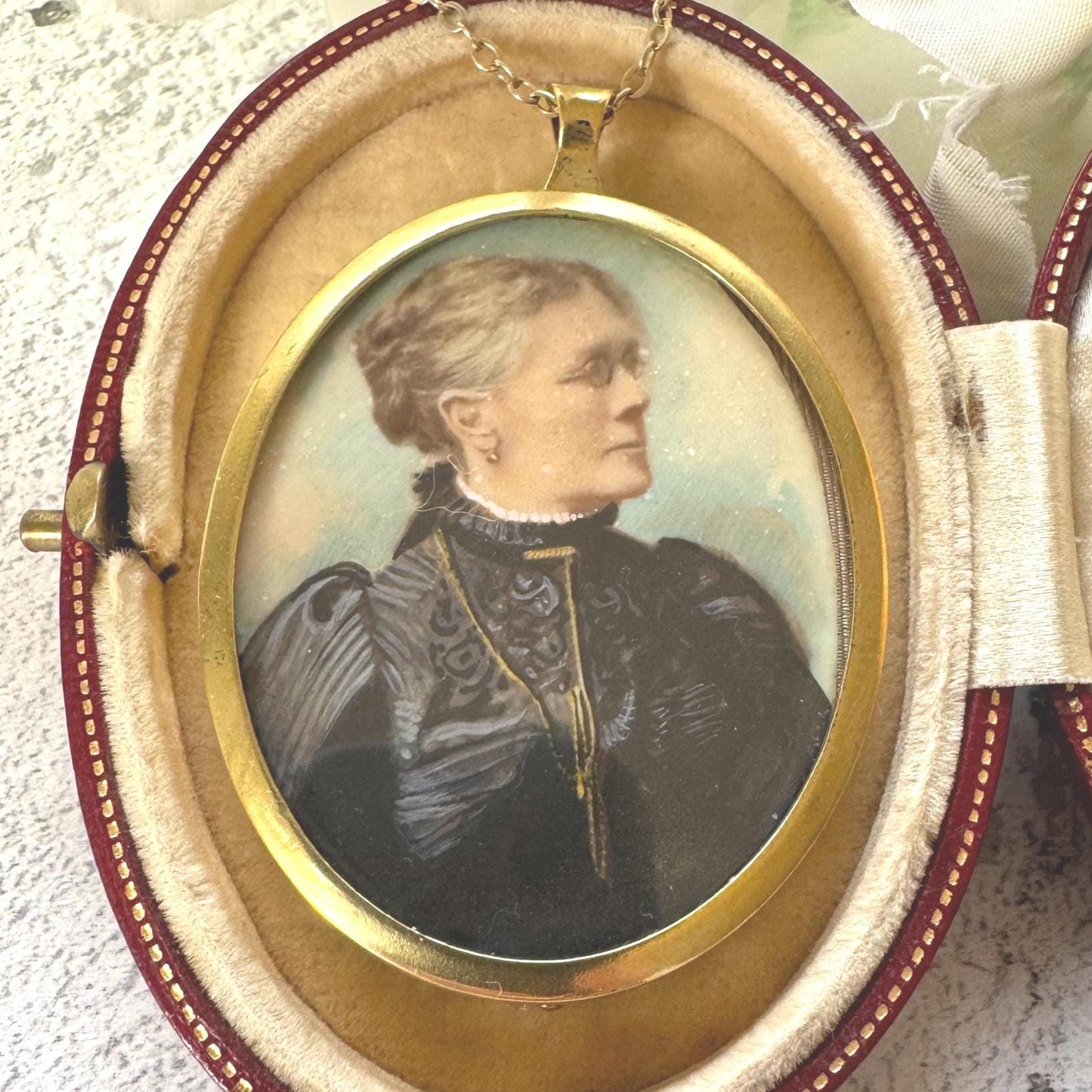 Antique Rolled Gold Portrait Miniature Pendant: Hand-Painted Victorian Lady In Mourning Dress