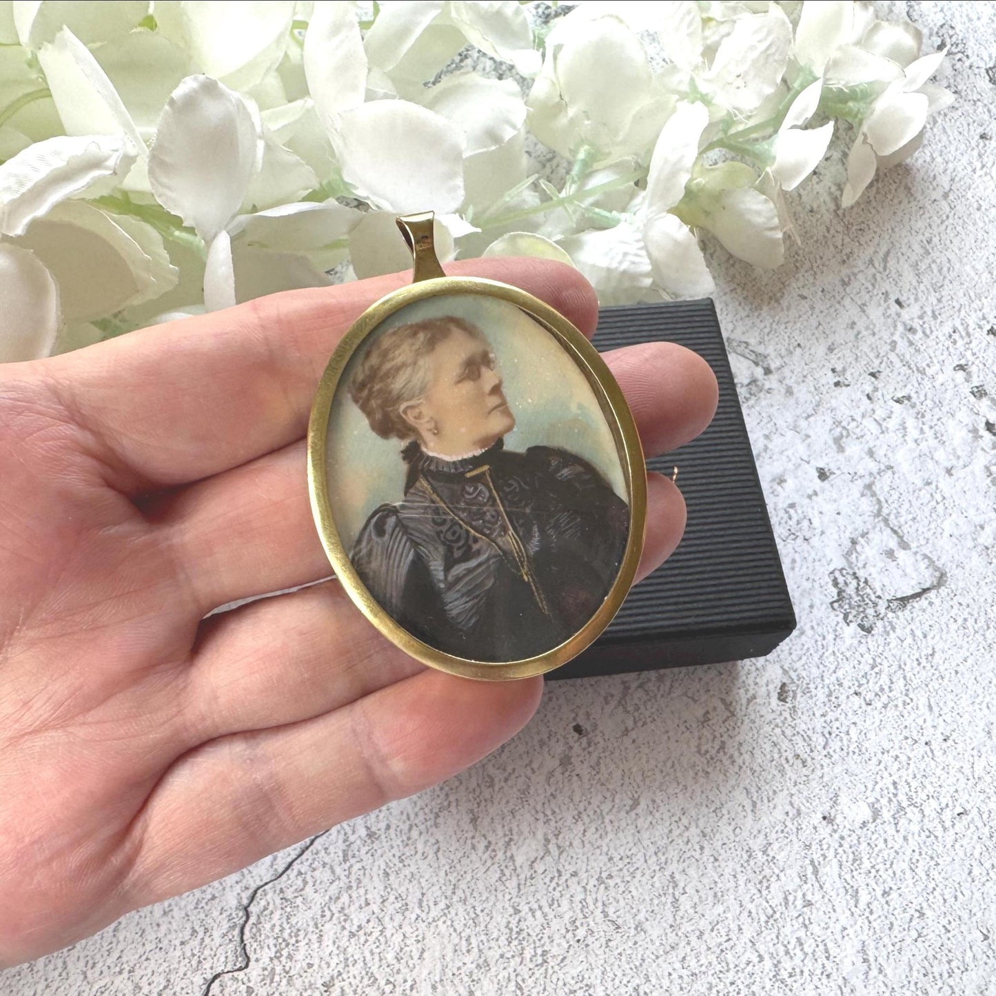 Antique Rolled Gold Portrait Miniature Pendant: Hand-Painted Victorian Lady In Mourning Dress