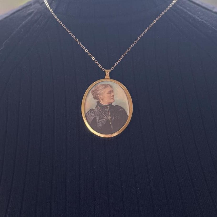 Antique Rolled Gold Portrait Miniature Pendant: Hand-Painted Victorian Lady In Mourning Dress