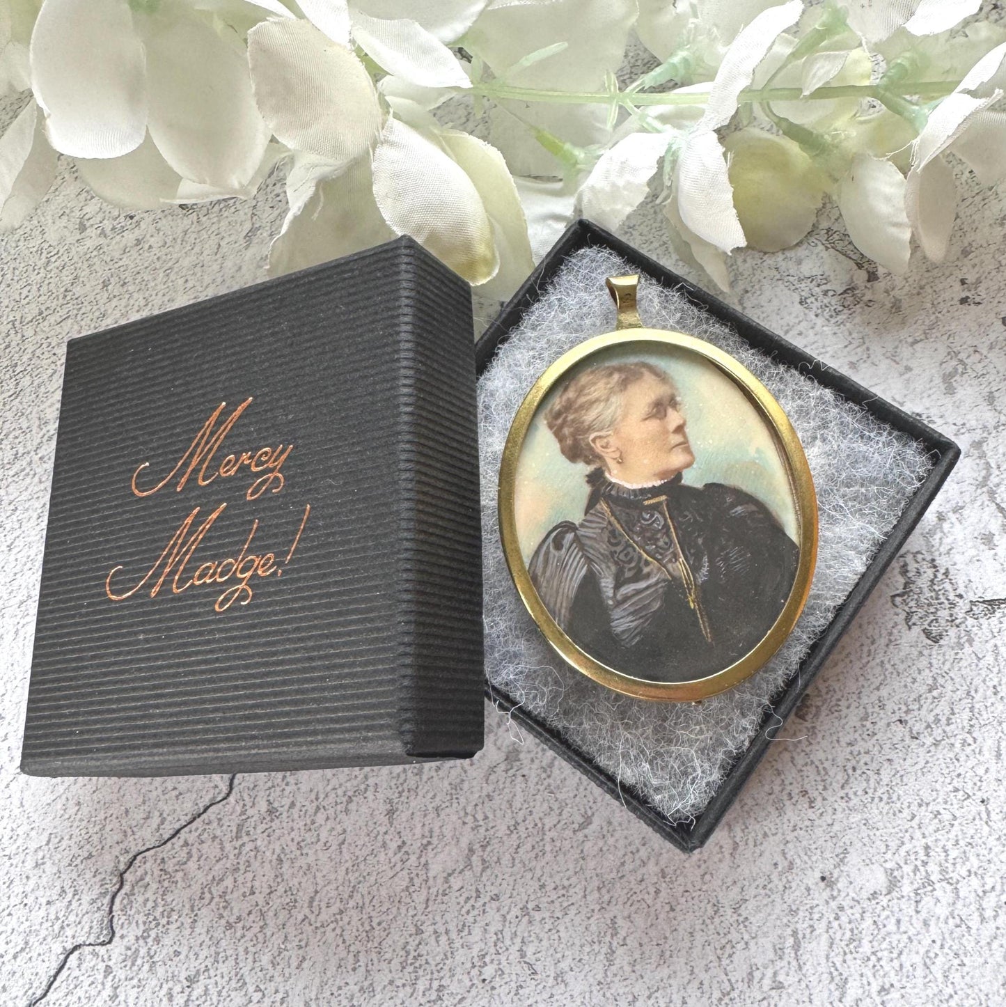 Antique Rolled Gold Portrait Miniature Pendant: Hand-Painted Victorian Lady In Mourning Dress