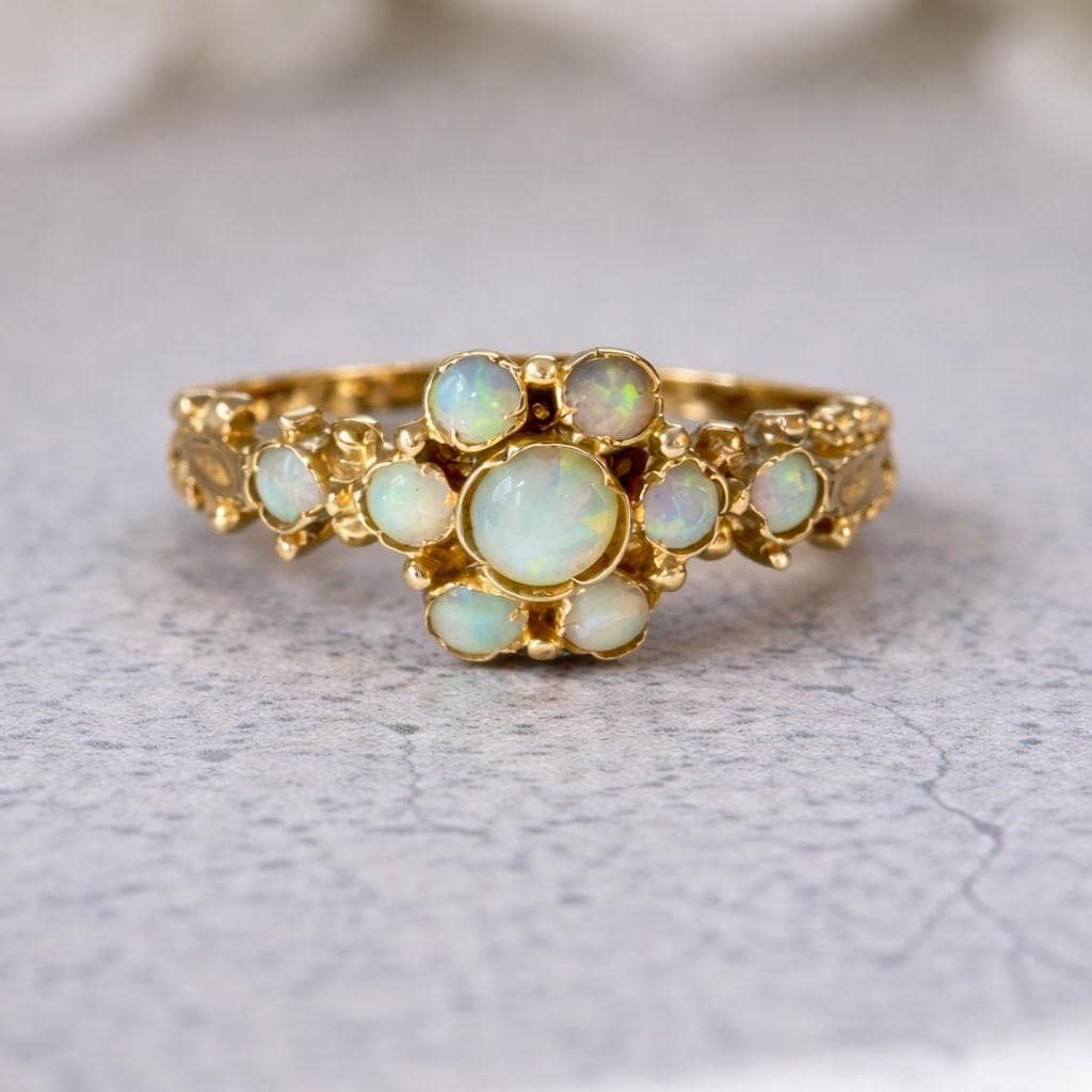 Antique 9ct Gold Natural Opal Cluster Daisy Ring: Georgian/Victorian Ornate Halo Ring