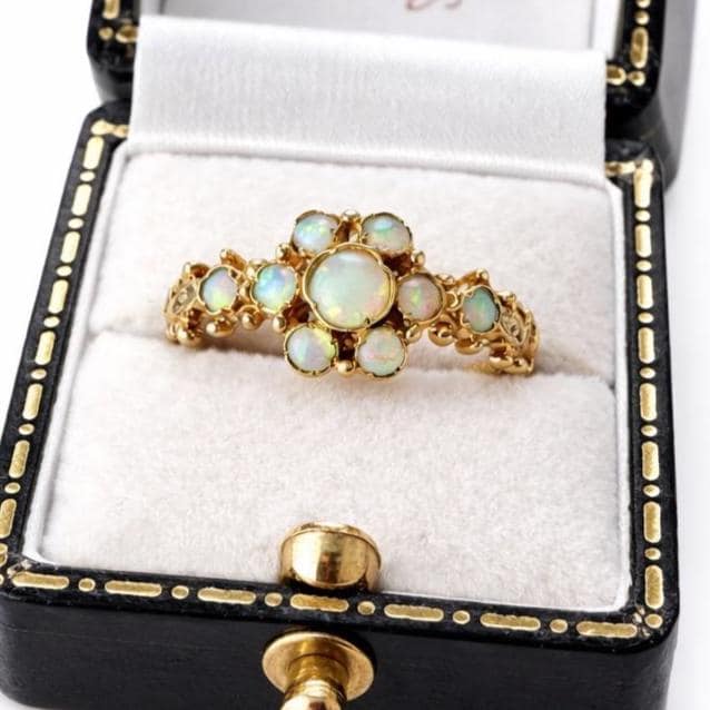 Antique 9ct Gold Natural Opal Cluster Daisy Ring: Georgian/Victorian Ornate Halo Ring