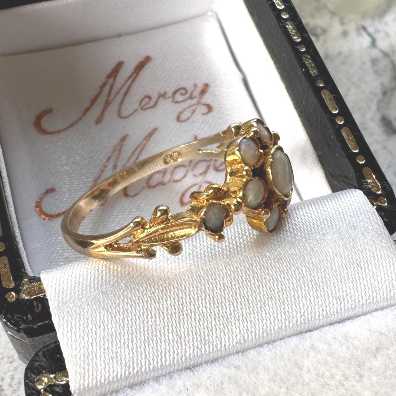 Antique 9ct Gold Natural Opal Cluster Daisy Ring: Georgian/Victorian Ornate Halo Ring